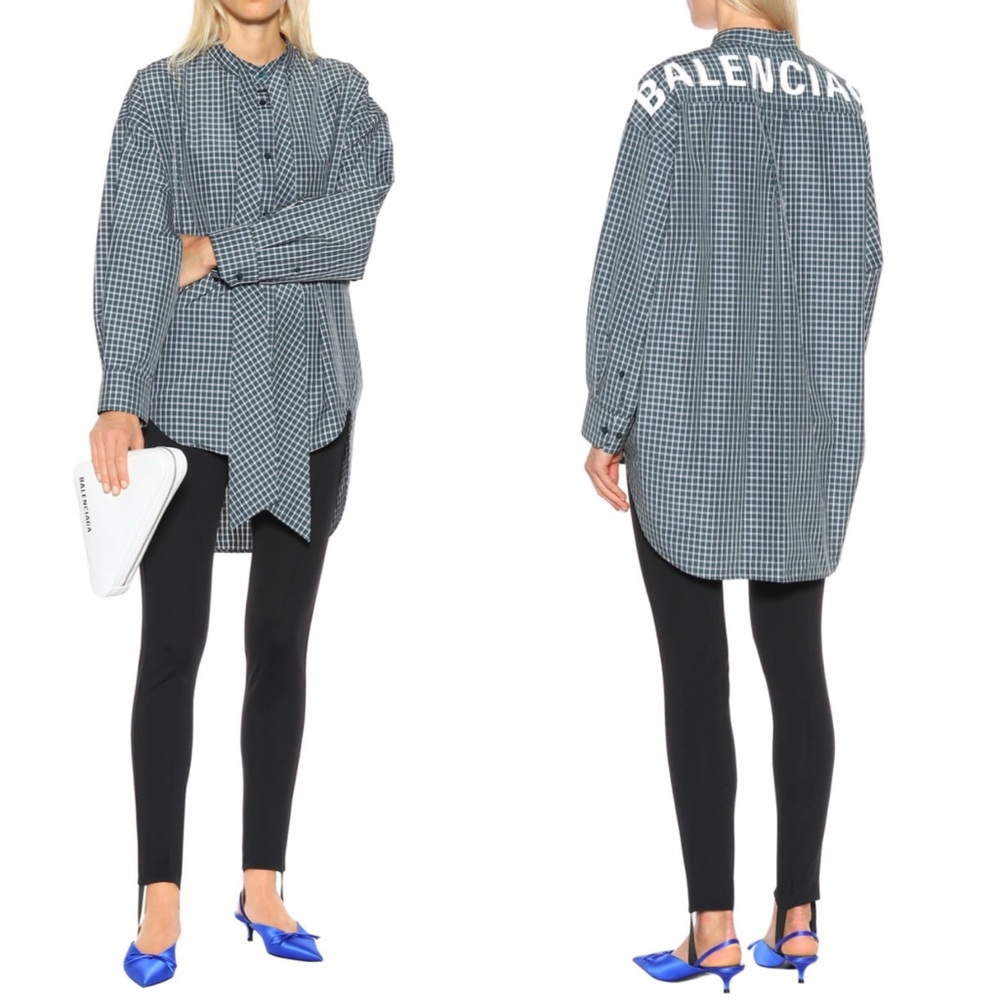 Balenciaga Green New Swing Pussy-Bow Oversized Checked Logo Shirt - Picture 1 of 13